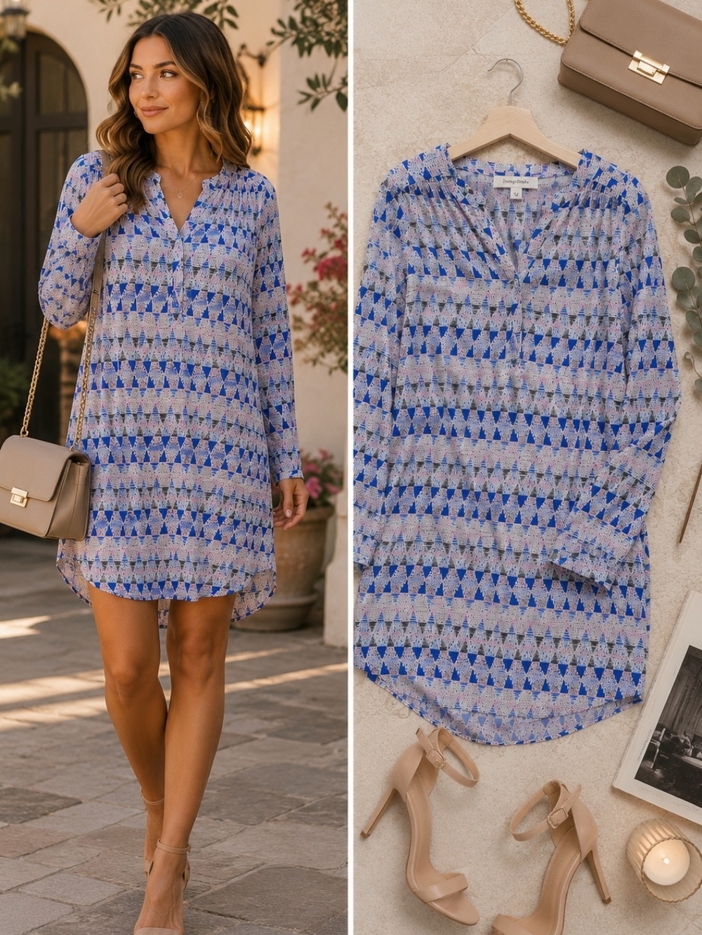 Boho Blue Geometric Shift Dress Tunic Mini Midi Medium European Coastal